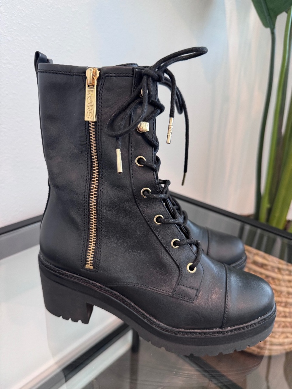 Michael Kors Black Leather Lace-Up Combat Boots with Gold Hardware
